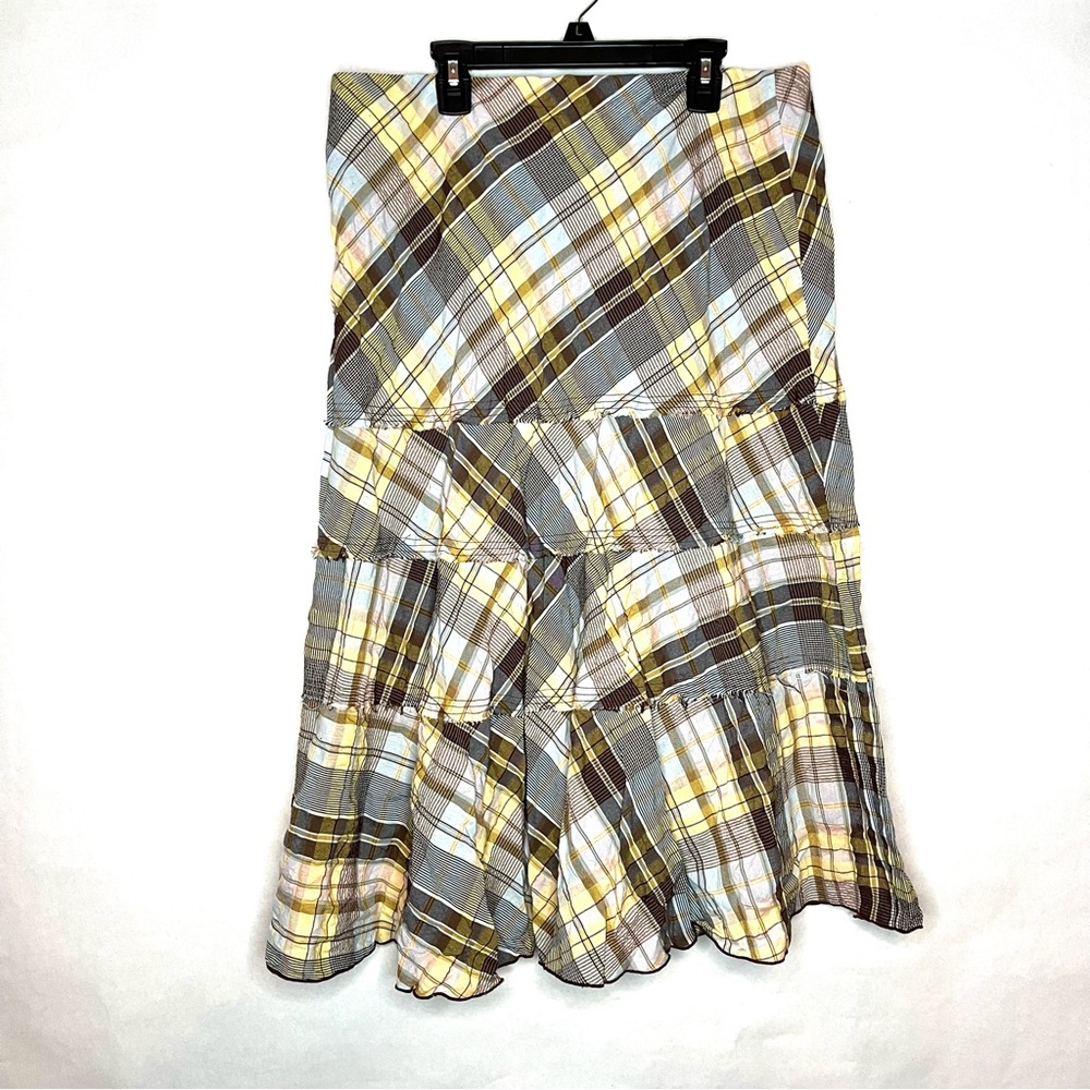 Harold's Womens 12 Y2K Skirt Yellow‎ Brown Plaid Tiered Distressed Grunge Goblin